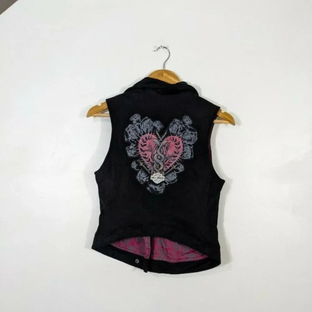 HARLEY DAVIDSON Women's Black Logo Asymmetrical Motorcycle Vest XS - Picture 2 of 8